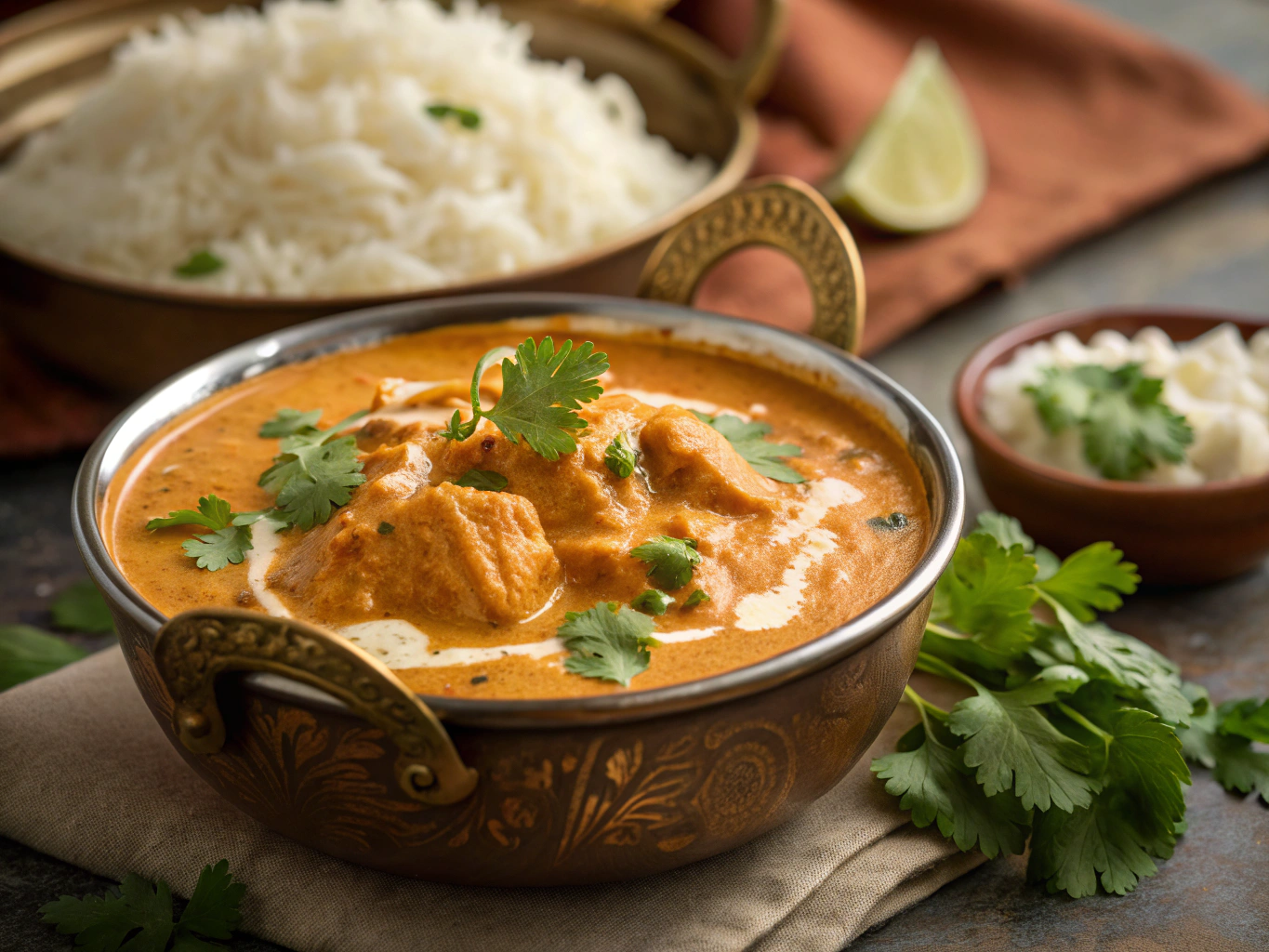 Rich butter chicken curry served in a copper bowl