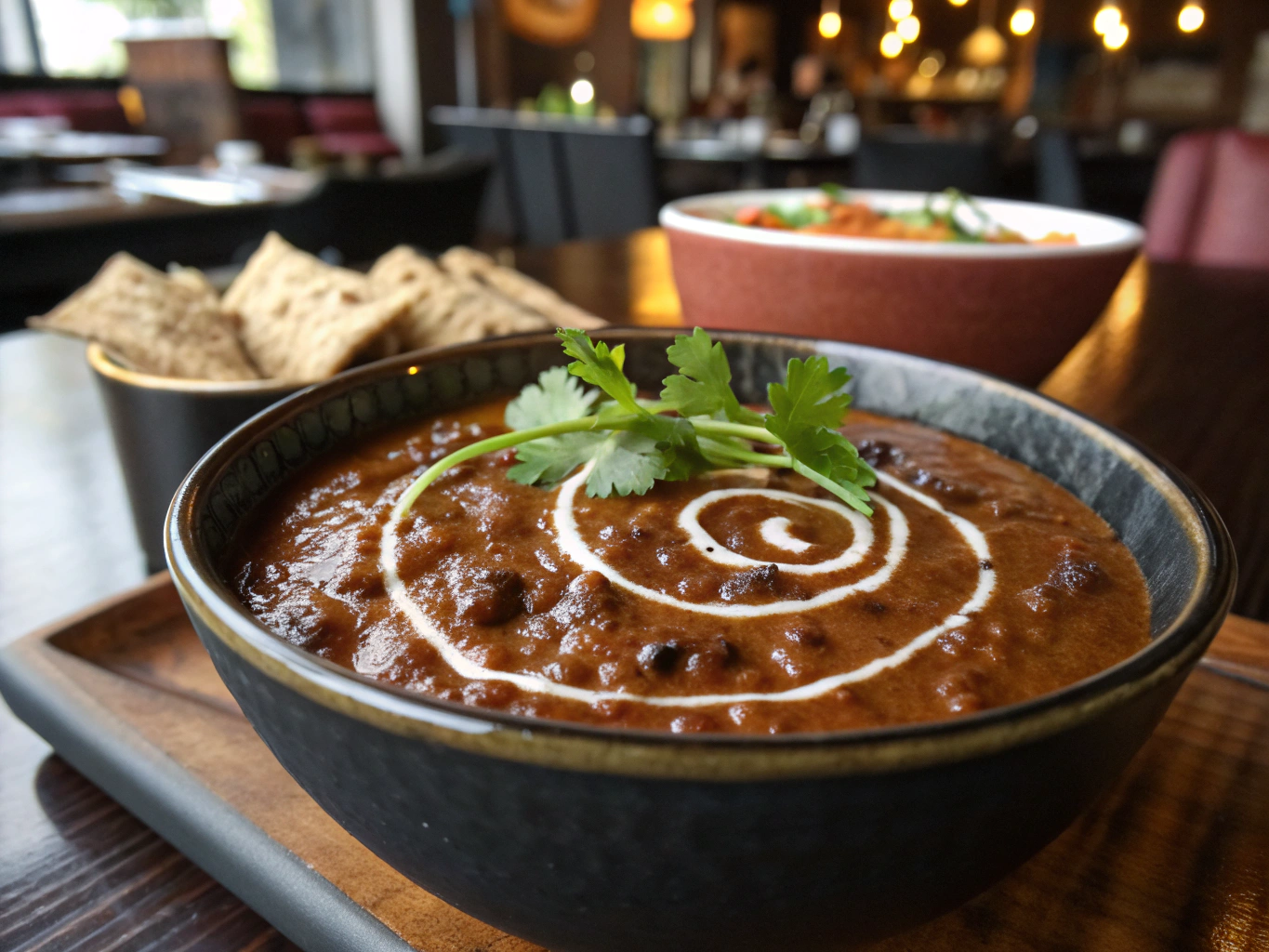 Slow-cooked black lentils topped with a swirl of cream