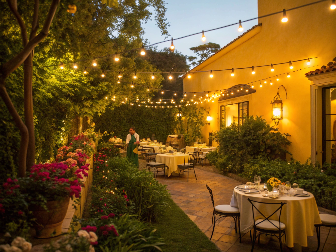 Outdoor restaurant terrace at twilight with glowing lanterns and jasmine greenery