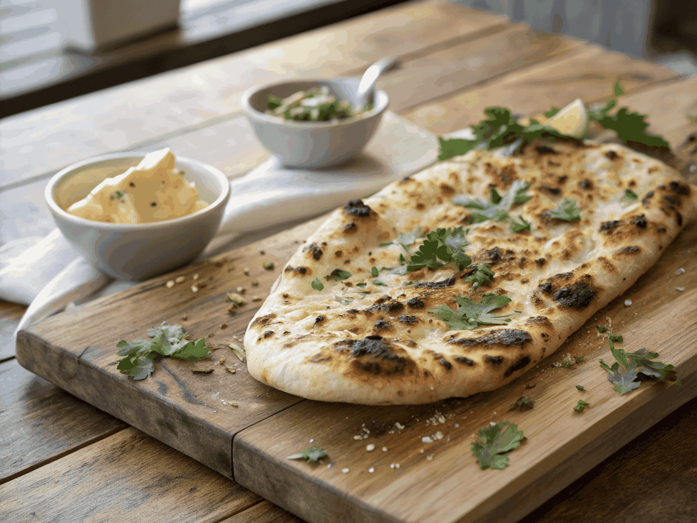 Freshly baked garlic naan bread with cilantro
