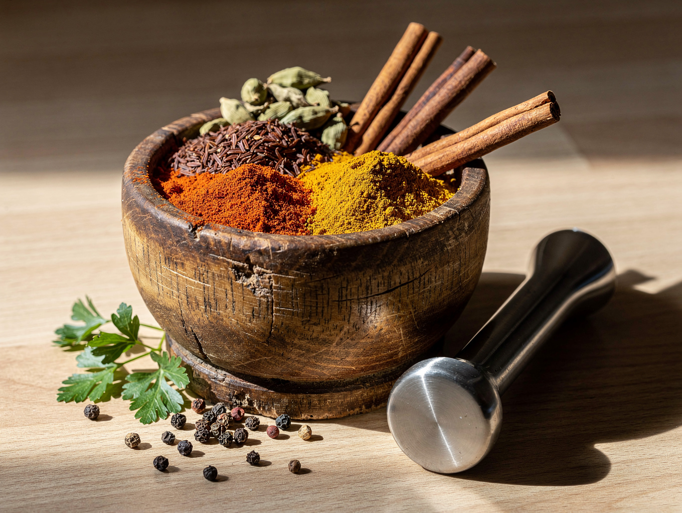 Whole spices and stone mortar in a professional kitchen