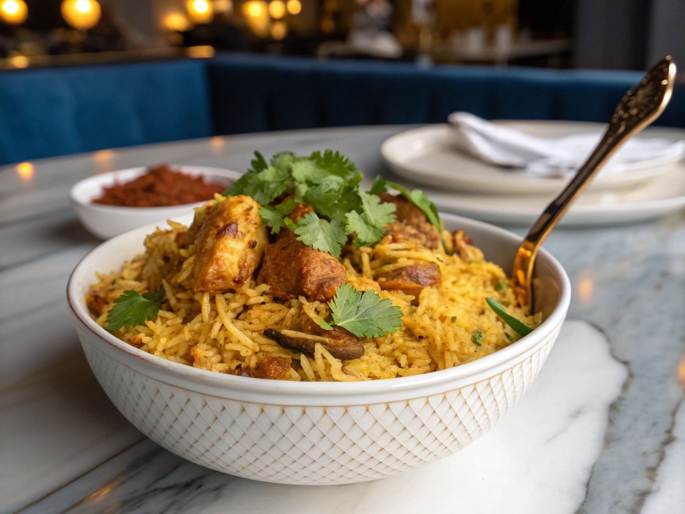 Steaming bowl of lamb biryani garnished with fresh coriander