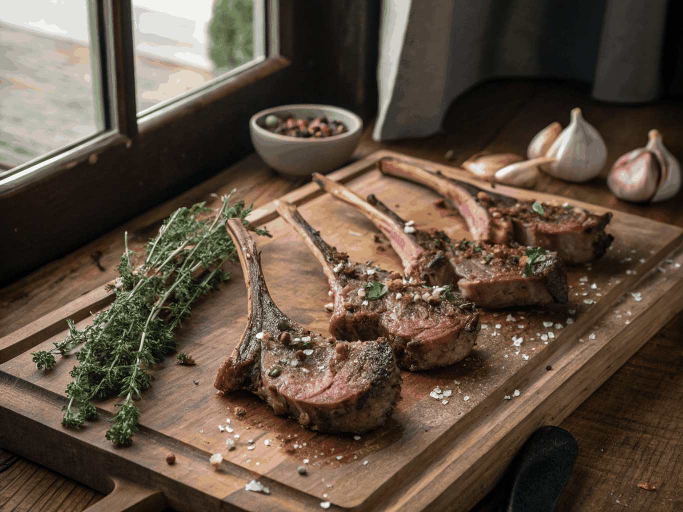 Succulent charred lamb chops on a brass platter