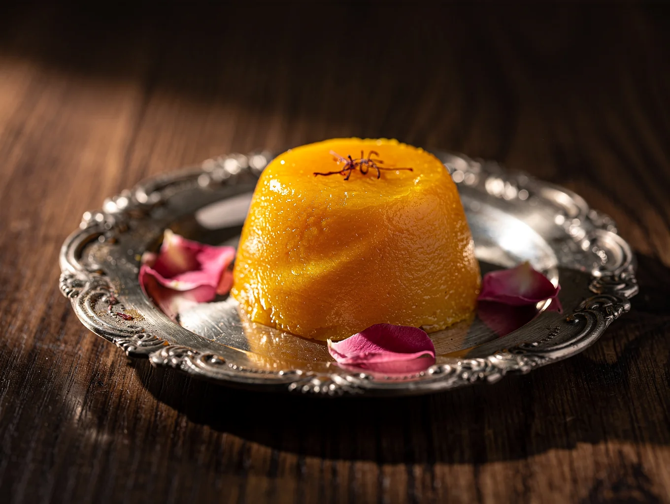 Saffron-infused dessert garnished with rose petals