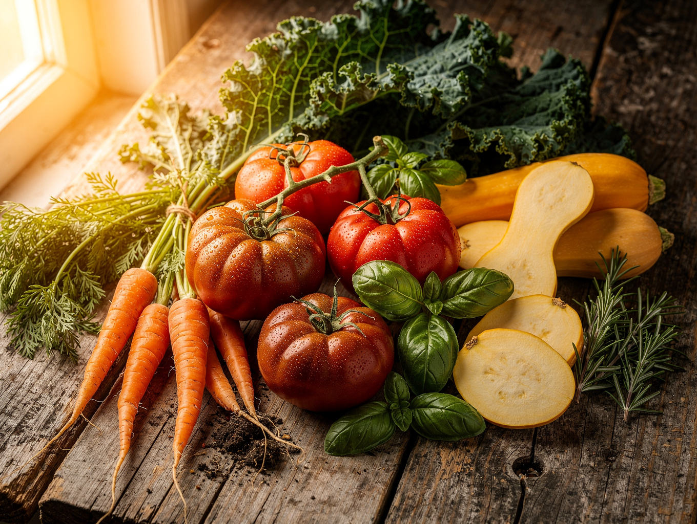 Fresh seasonal vegetables and herbs on a brass platter