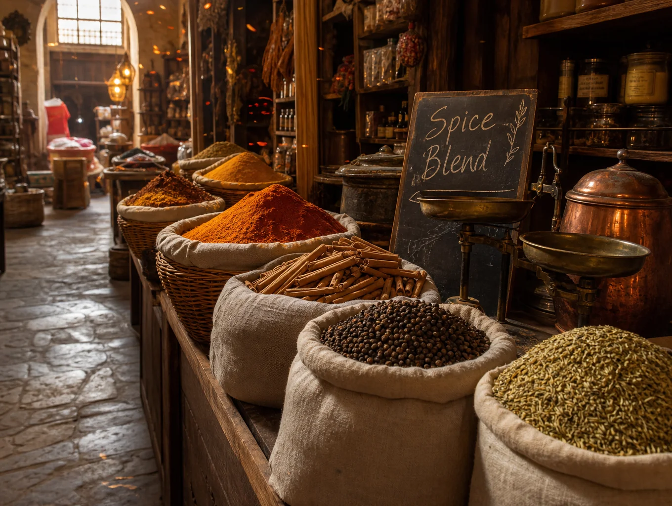 Vaulted spice cellar with curated jars and saffron displays on brass shelves