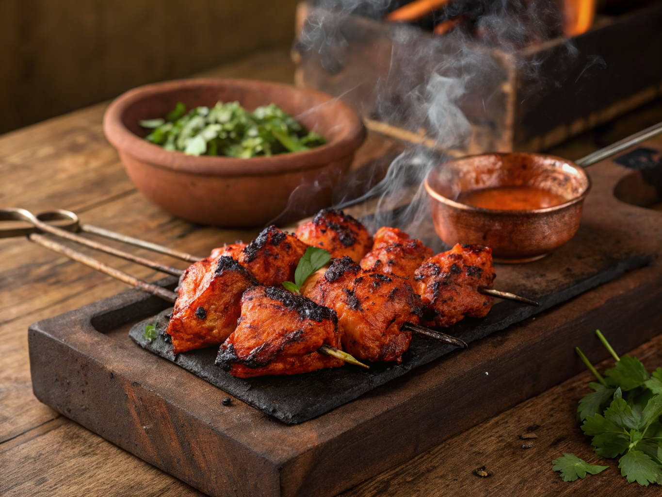 Tandoori chicken charred in a traditional clay oven