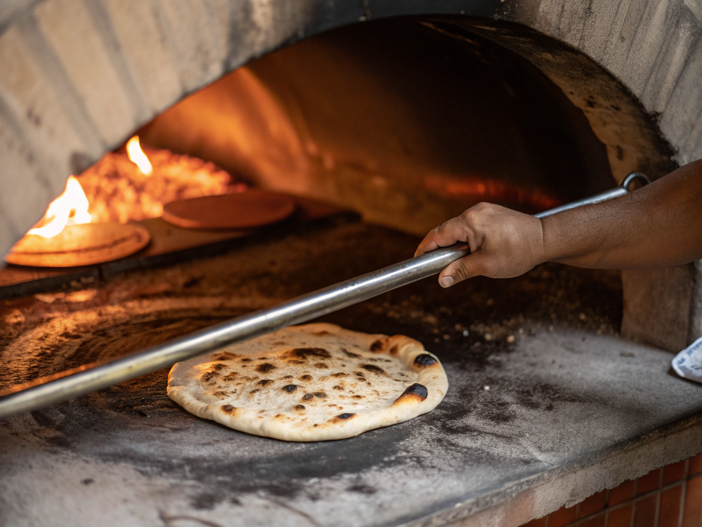 Chefs preparing naan in a traditional clay tandoor oven