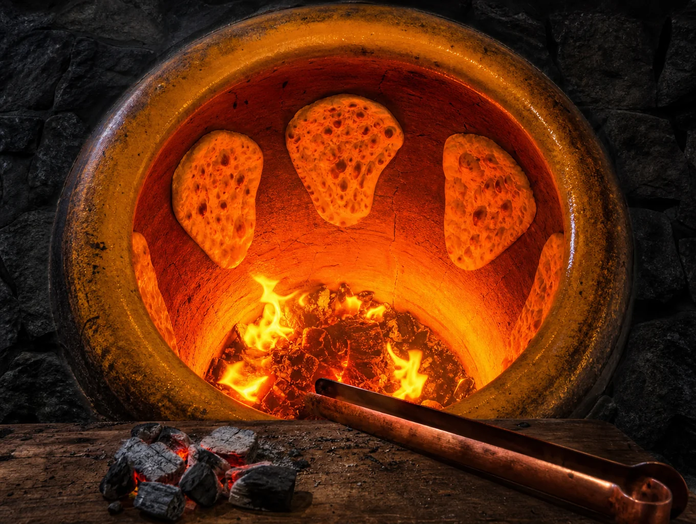Traditional clay tandoor oven with glowing embers