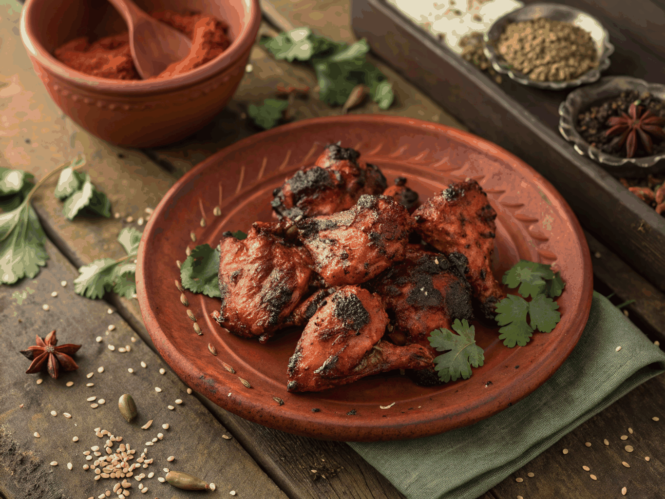 Charred tandoori chicken served with fresh mint chutney